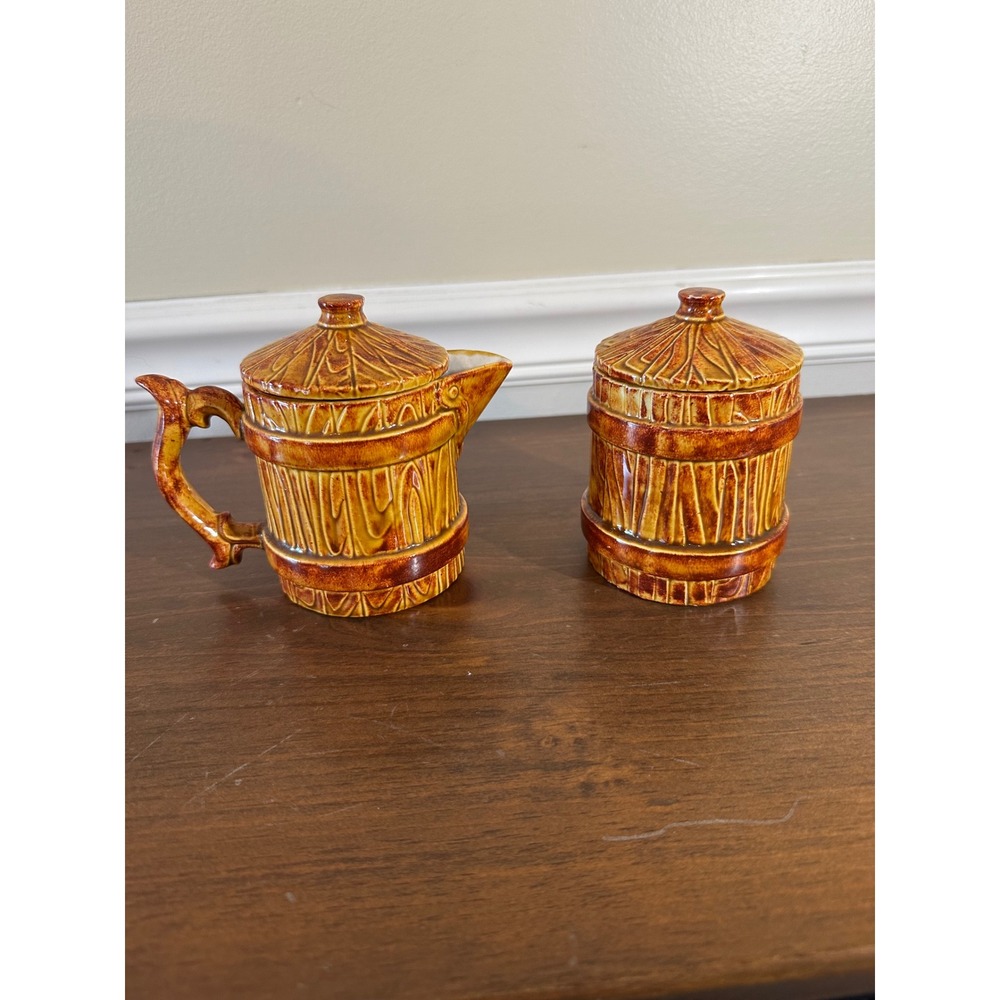 Vintage Rustic Barrel Ceramic Creamer and Sugar Bowl Set with Lids Brown Glaze